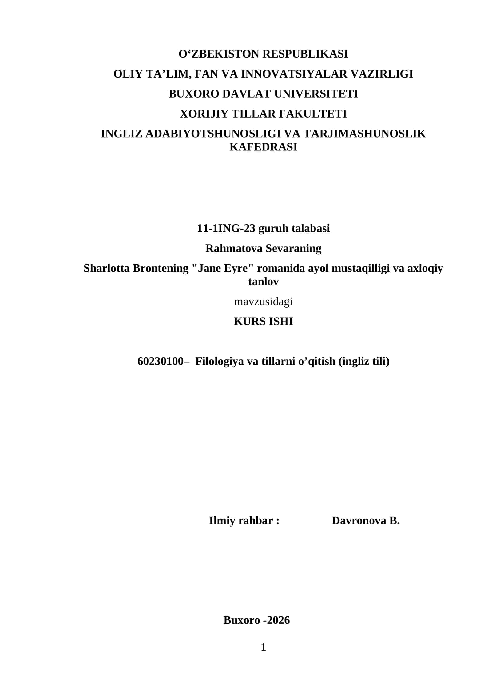 Sharlotta Brontening "Jane Eyre" romanida ayol mustaqilligi va axloqiy tanlov
