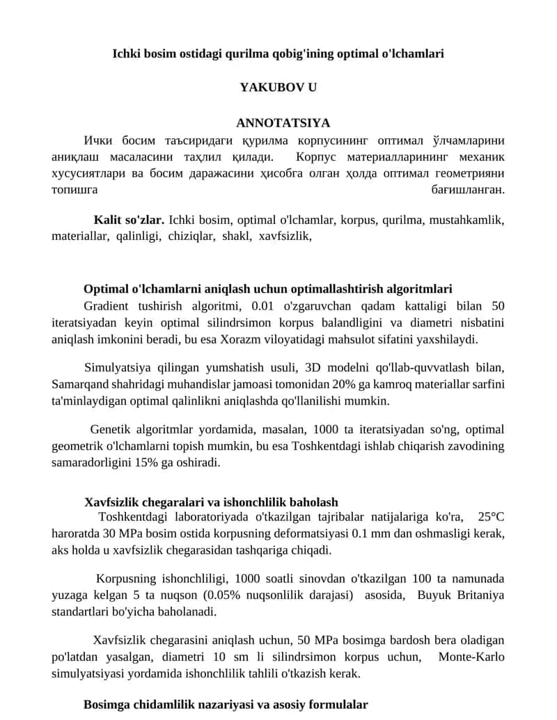 Optimal o'lchamlar va korpusni aniqlash