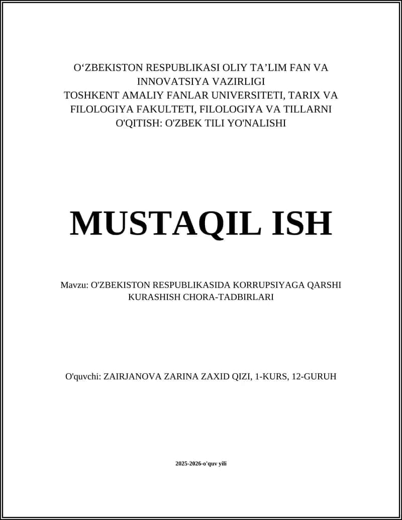 O'ZBEKISTON RESPUBLIKASIDA KORRUPSIYAGA QARSHI KURASHISH CHORA-TADBIRLARI