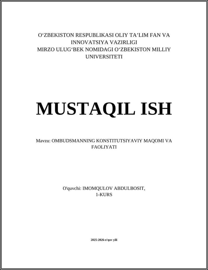 OMBUDSMANNING KONSTITUTSIYAVIY MAQOMI VA FAOLIYATI