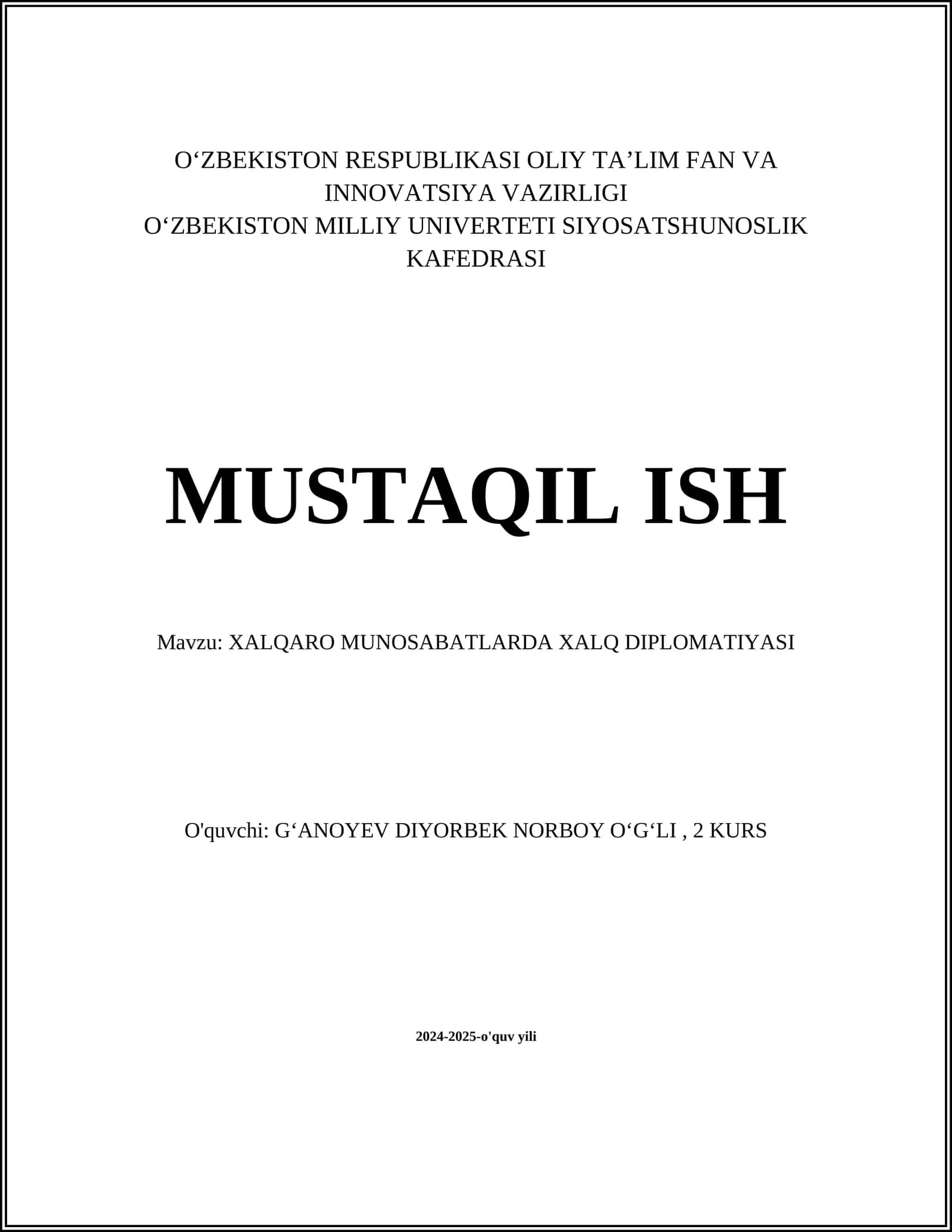 XALQARO MUNOSABATLARDA XALQ DIPLOMATIYASI