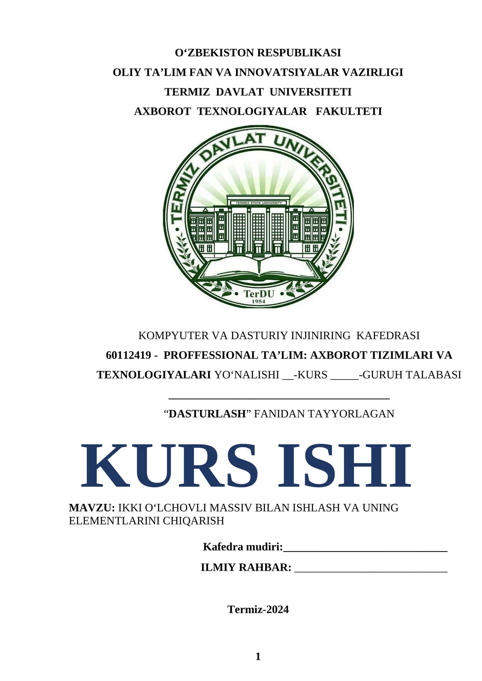 DASTURLASH FANIDAN TAYYORLAGAN KURS ISHI