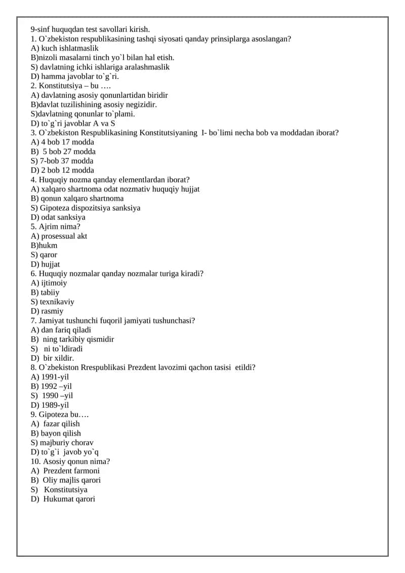 Huquq test savollari