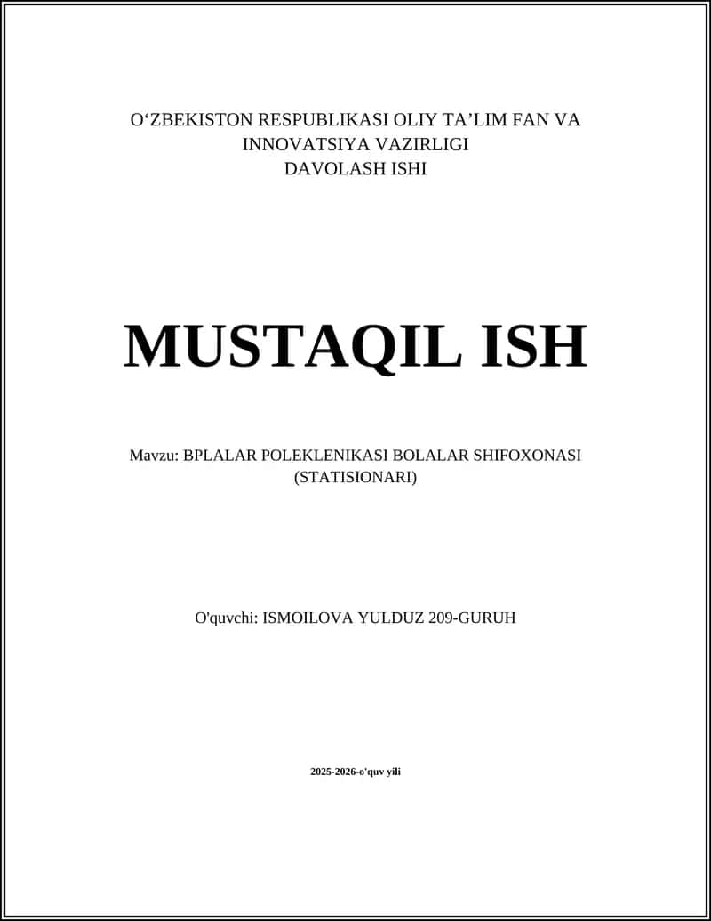 BPLALAR POLEKLENIKASI BOLALAR SHIFOXONASI (STATISIONARI)