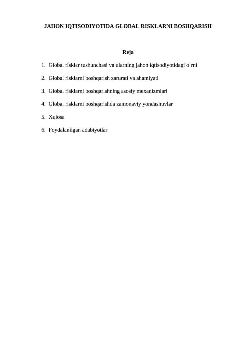 JAHON IQTISODIYOTIDA GLOBAL RISKLARNI BOSHQARISH