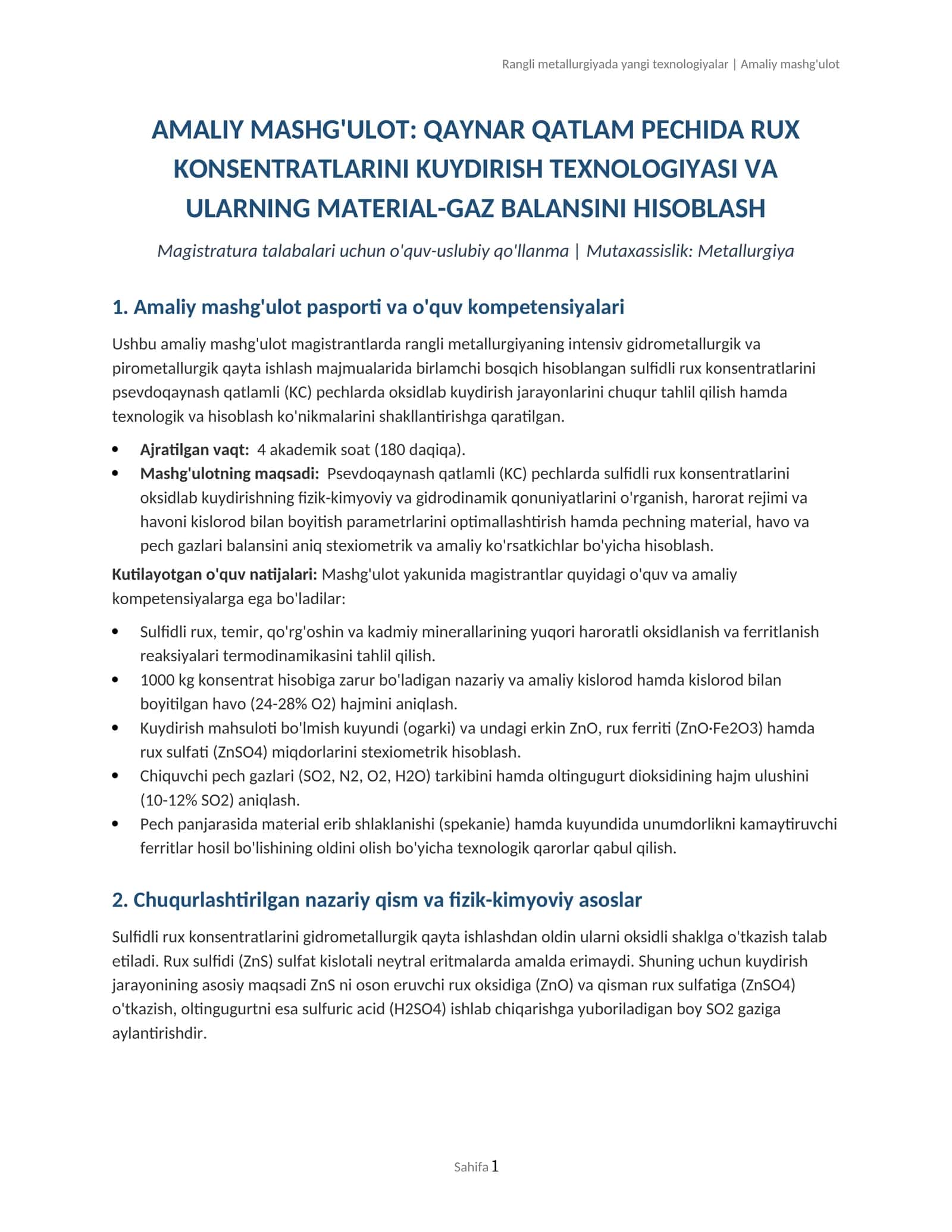 Rux konsentratlarini kuydirish texnologiyasi