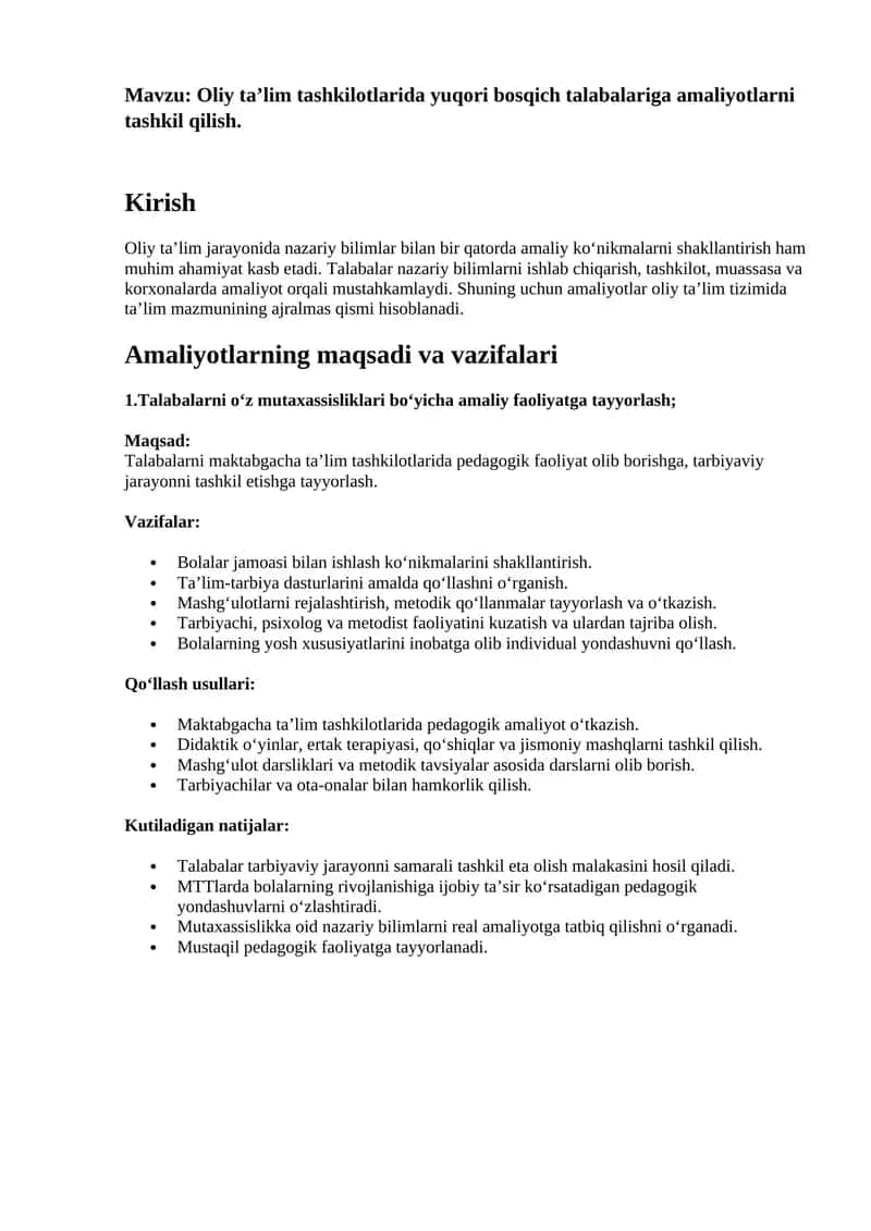 Oliy ta’lim tashkilotlarida yuqori bosqich talabalariga amaliyotlarni tashkil qilish