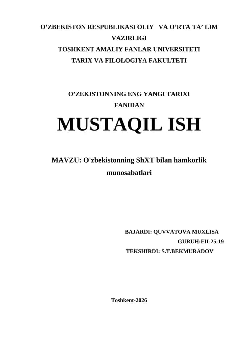 О'zbekistоnning ShXT bilаn hаmkоrlik munоsаbаtlаri