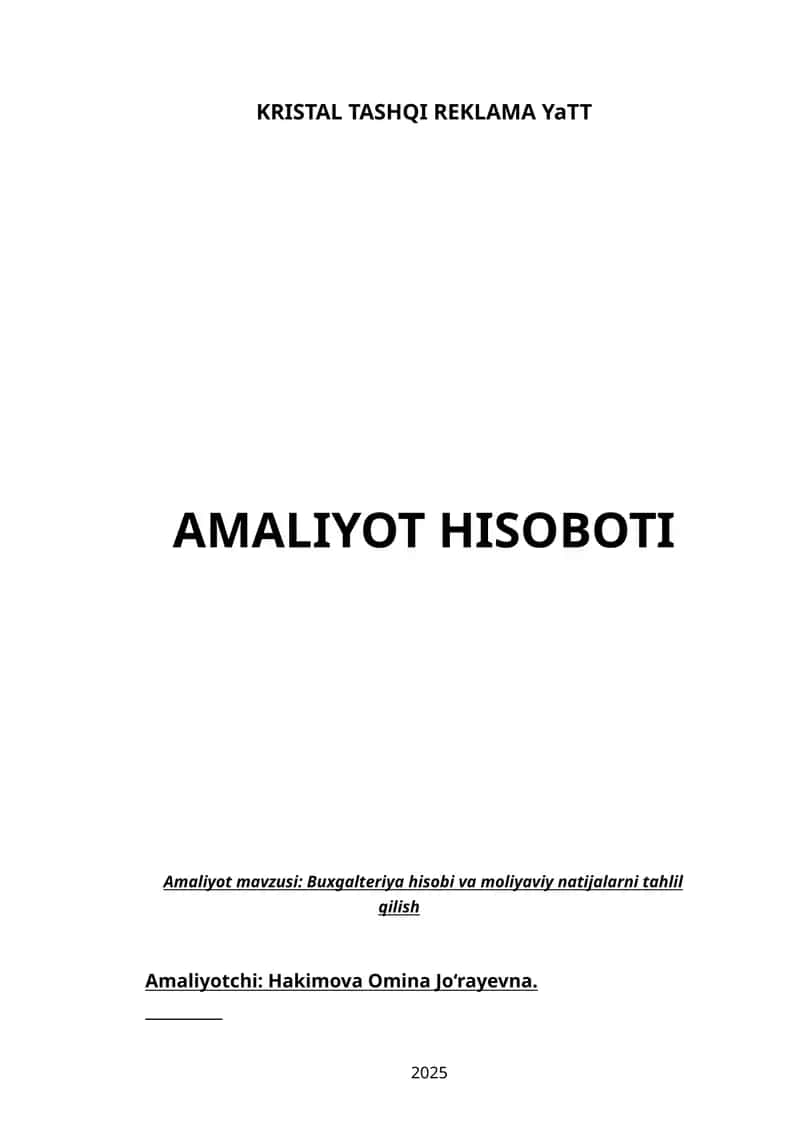Kristall tashqi reklama YTT bir oylik AMALIYOT HISOBOTI 1