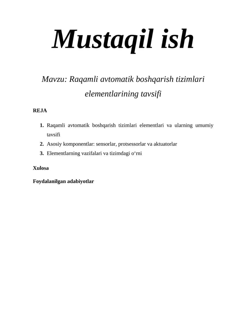 Raqamli avtomatik boshqarish tizimlari elementlarining tavsifi