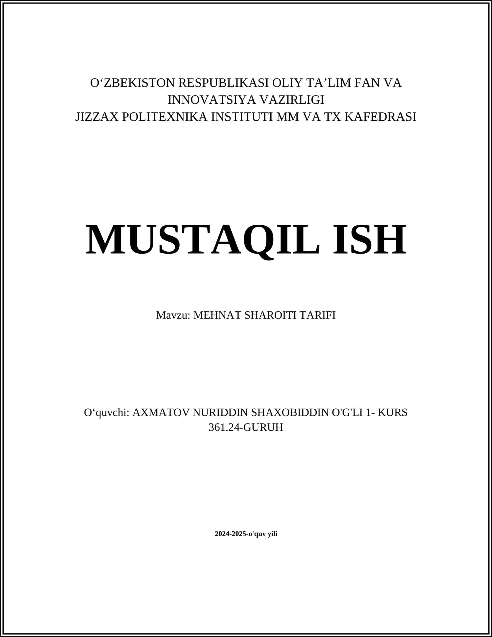 MEHNAT SHAROITI TARIFI