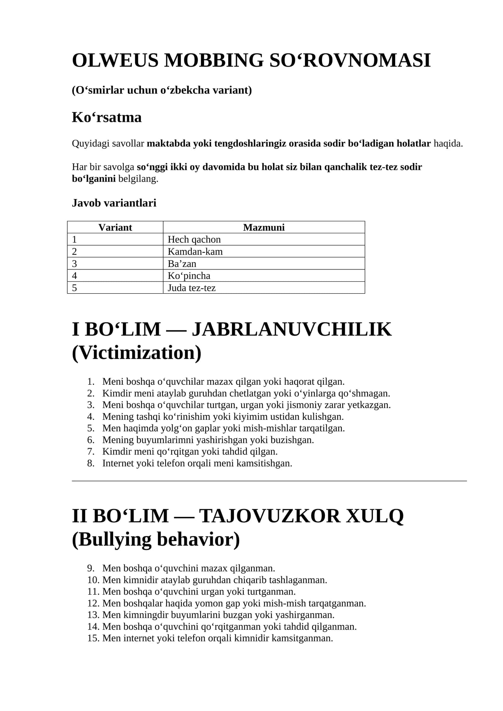 OLWEUS MOBBING SO‘ROVNOMASI (O‘smirlar uchun o‘zbekcha variant)