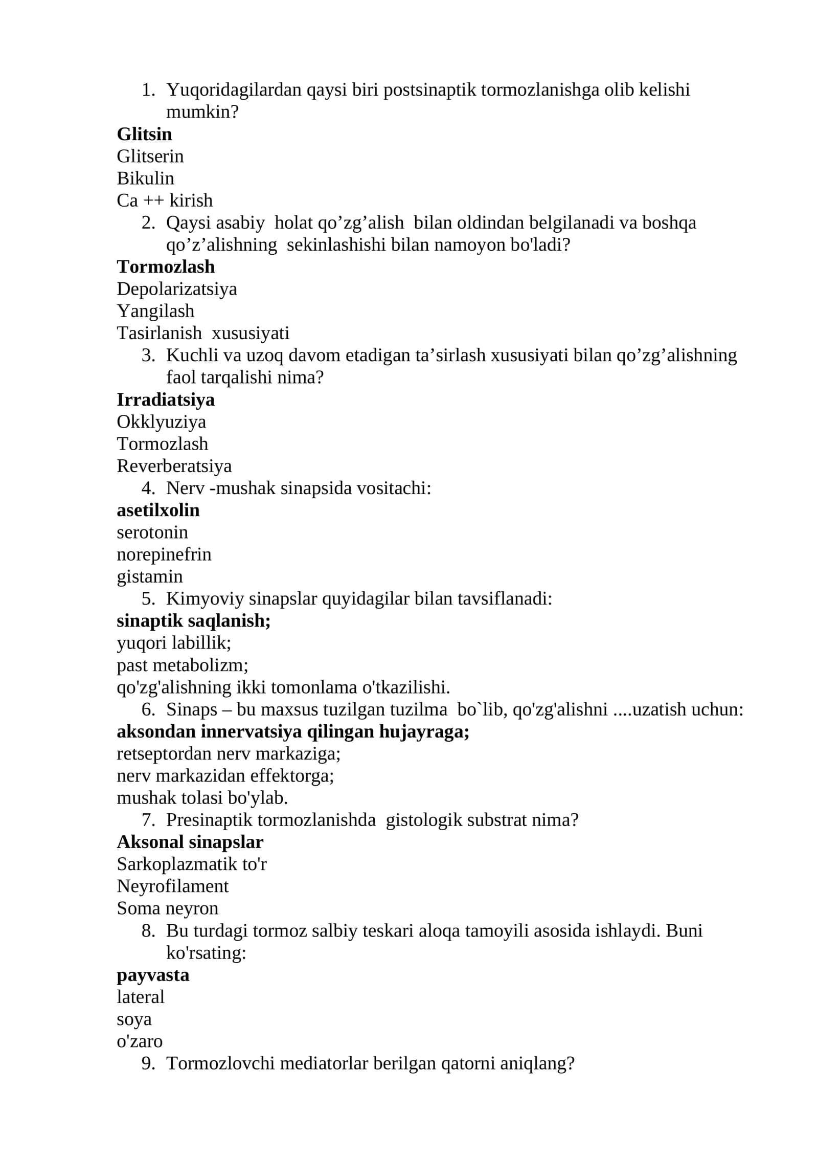 Sinaps va qo’zg’alishning kimyoviy tuzilishi