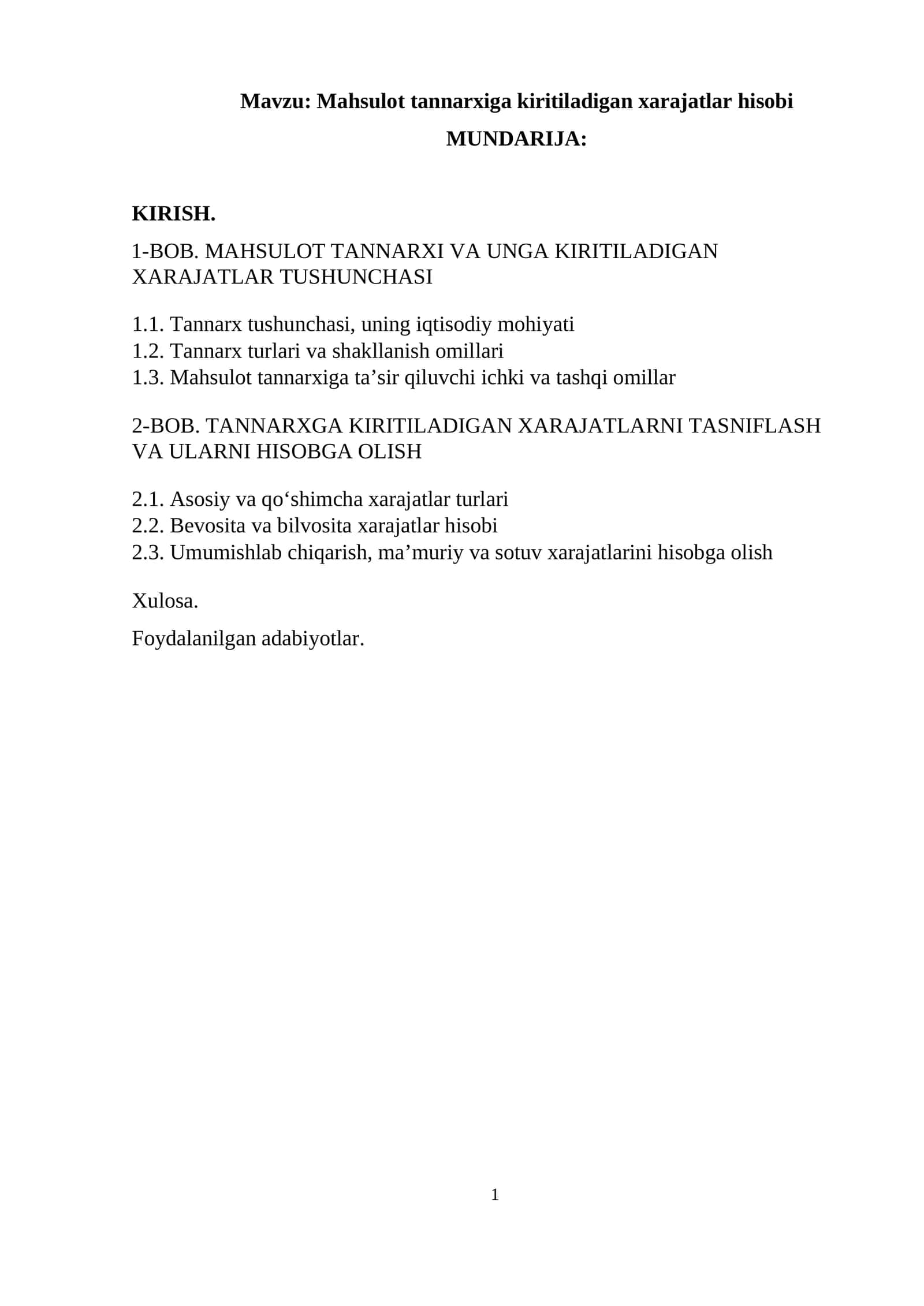 Mahsulot tannarxiga kiritiladigan xarajatlar hisobi  kurs ishi