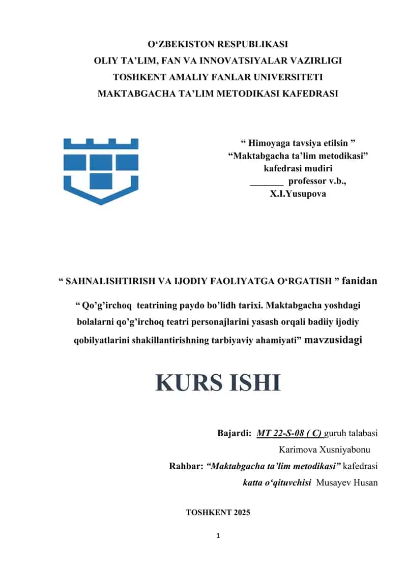 Qo’g’irchoq teatrining paydo bo’lidh tarixi. Maktabgacha yoshdagi bolalarni qo’g’irchoq teatri personajlarini yasash orqali badiiy ijodiy qobilyatlarini shakillantirishning tarbiyaviy ahamiyati