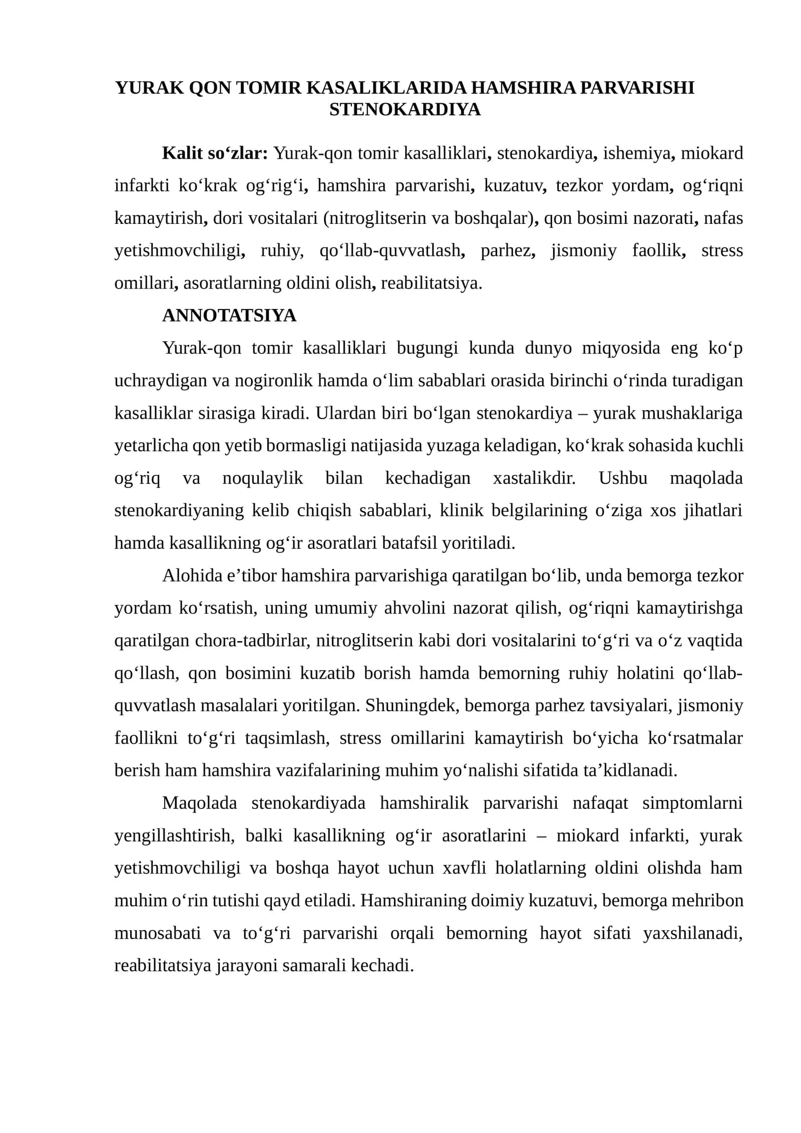 Yurak Qon Tomir Kasalliklari va Stenokardiya