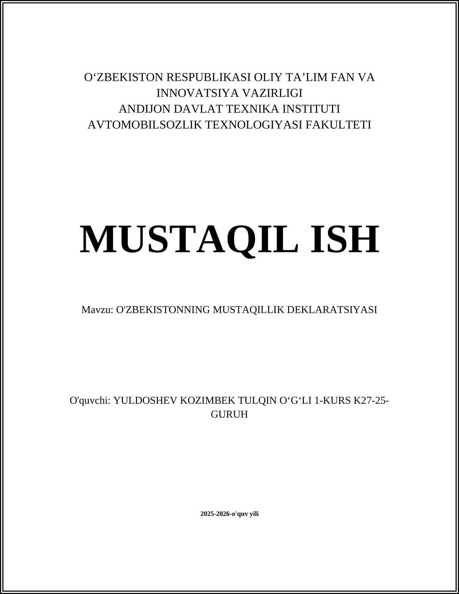 O'ZBEKISTONNING MUSTAQILLIK DEKLARATSIYASI