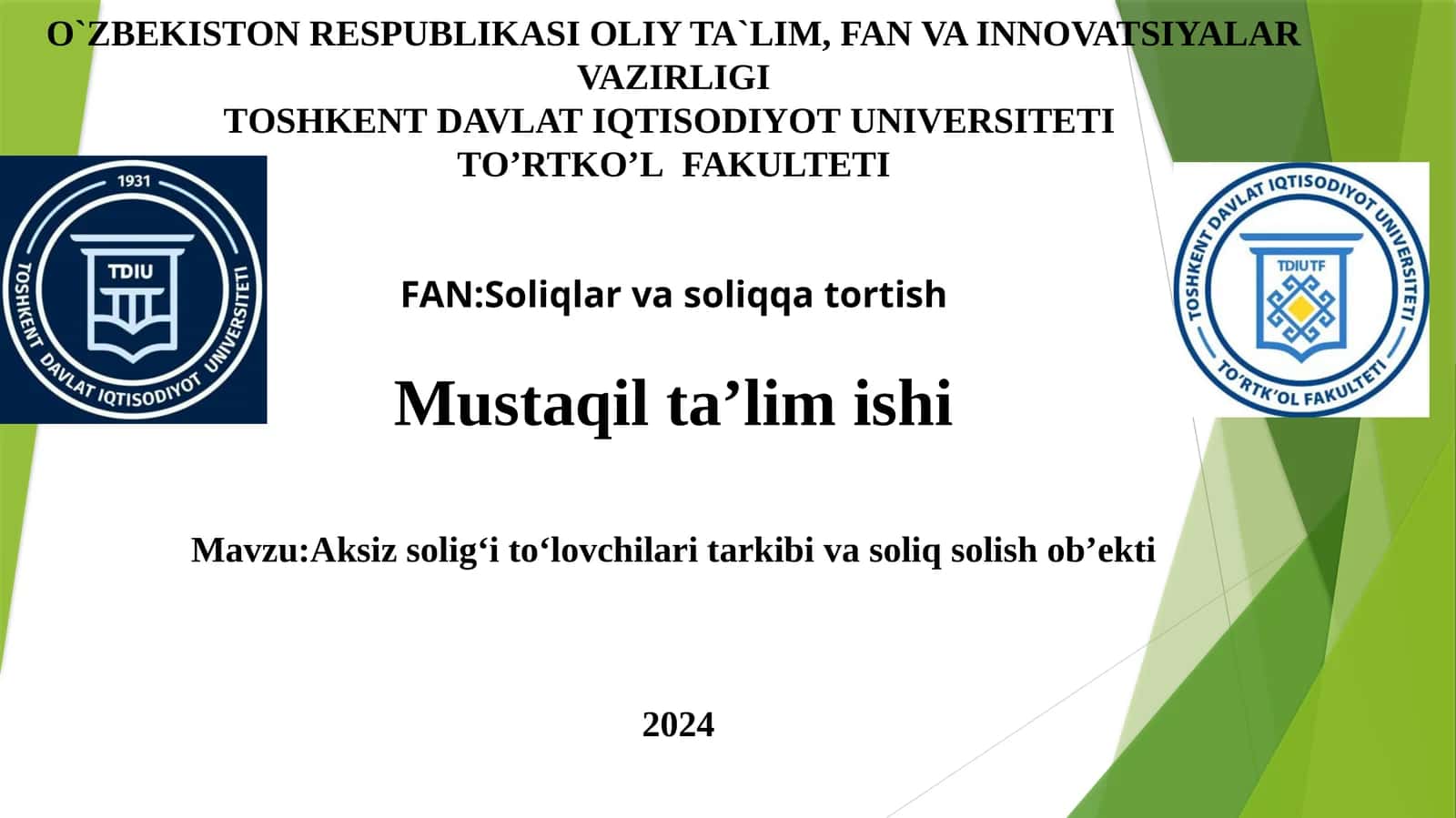 Mavzu: Aksiz soligʻi toʻlovchilar tarkibi va soliq solish ob'ekti