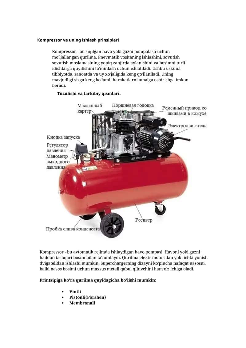 Kompressor va uning ishlash prinsiplari