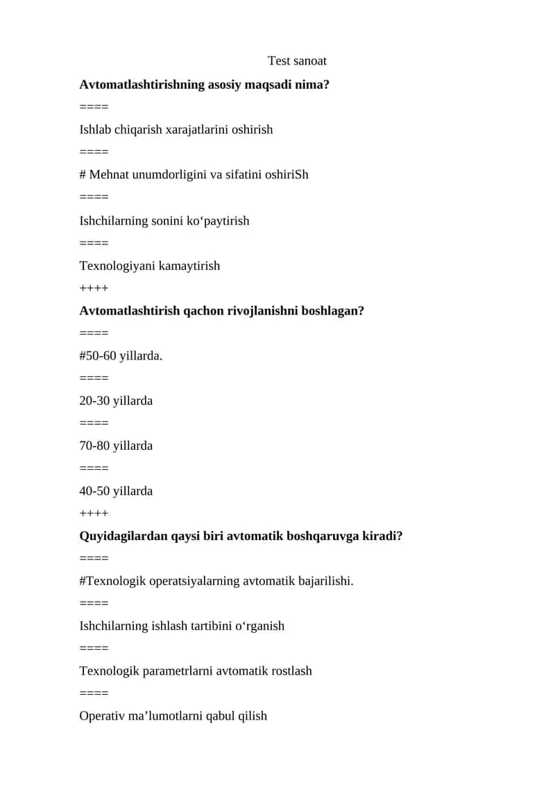 Ishlab chiqarish va sanoat fanidan test savollari