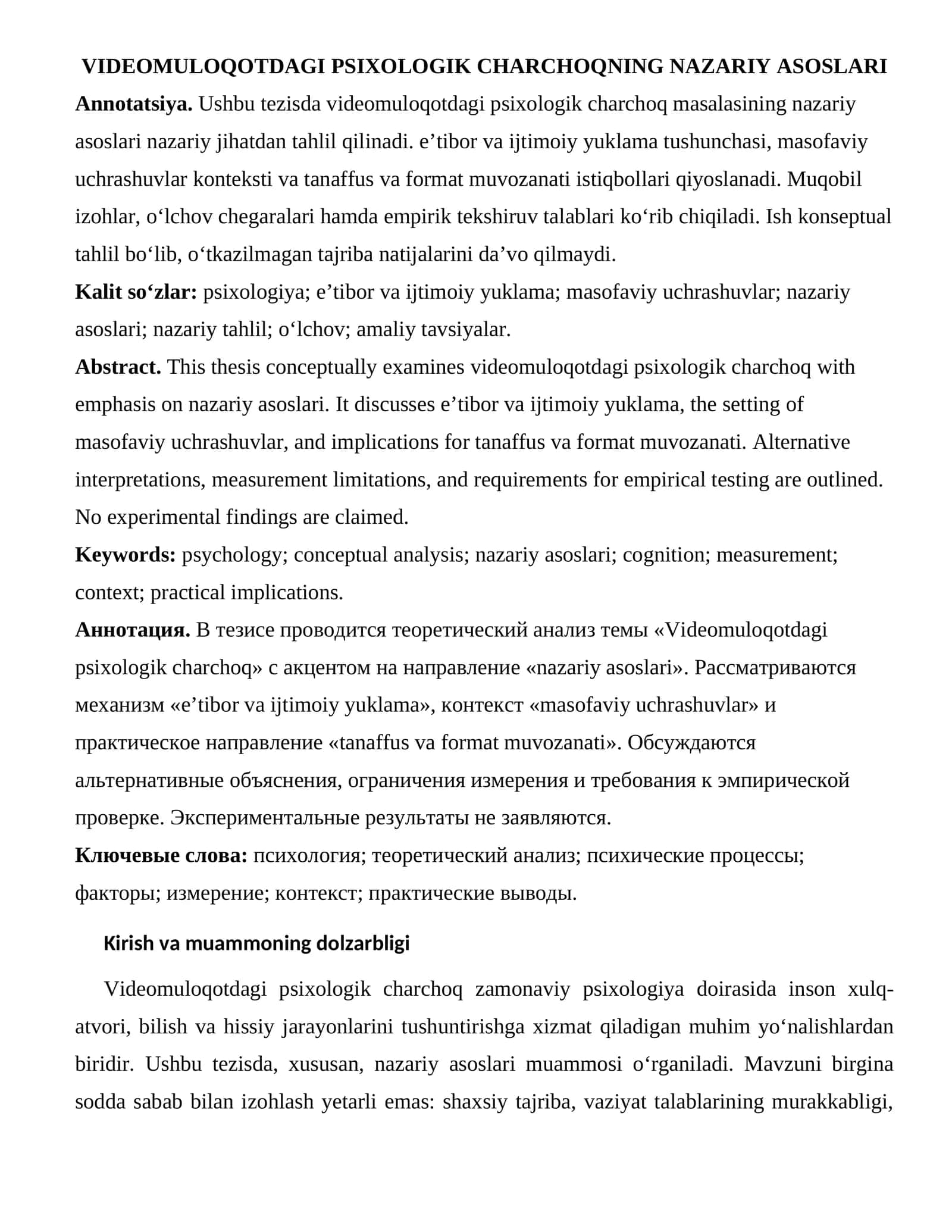 VIDEOMULOQOTDAGI PSIXOLOGIK CHARCHOQNING NAZARIY ASOSLARI
