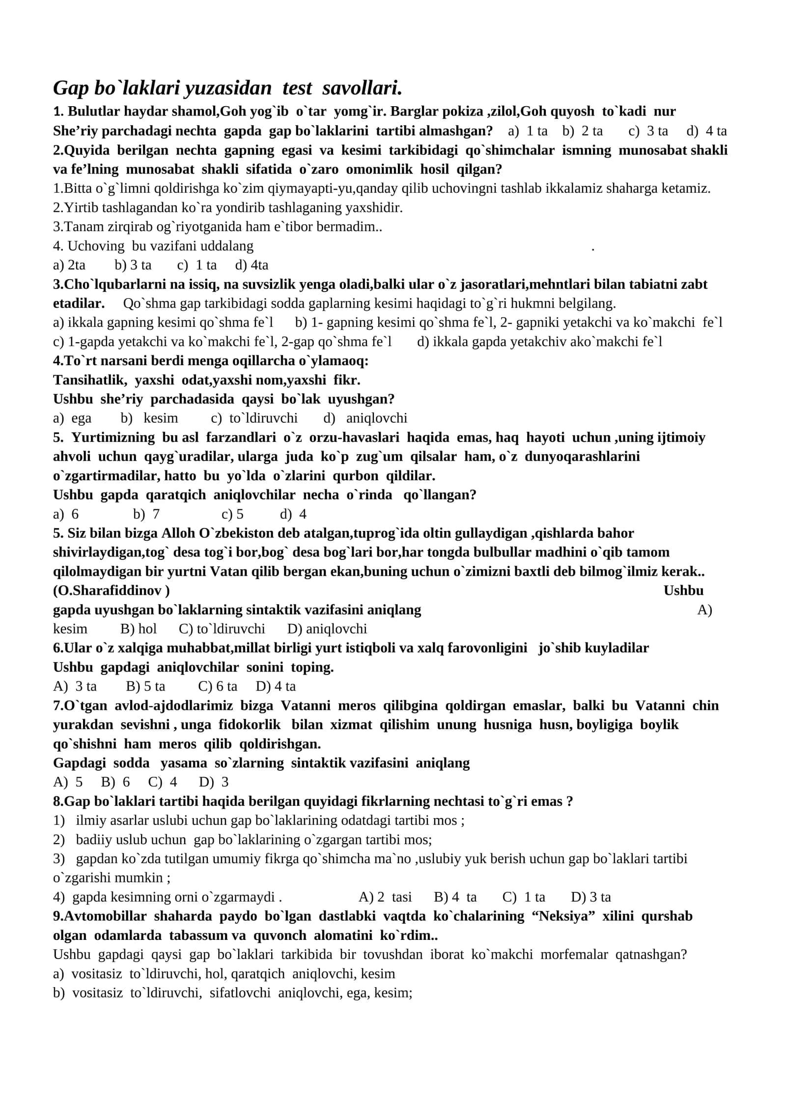 Gap bo`laklari yuzasidan test savollari