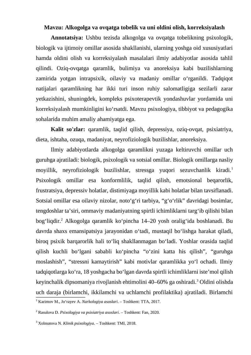 Alkogolga va ovqatga tobelik va uni oldini olish, korreksiyalash