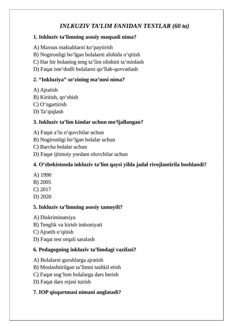 Inkluziv Ta’lim Testlar