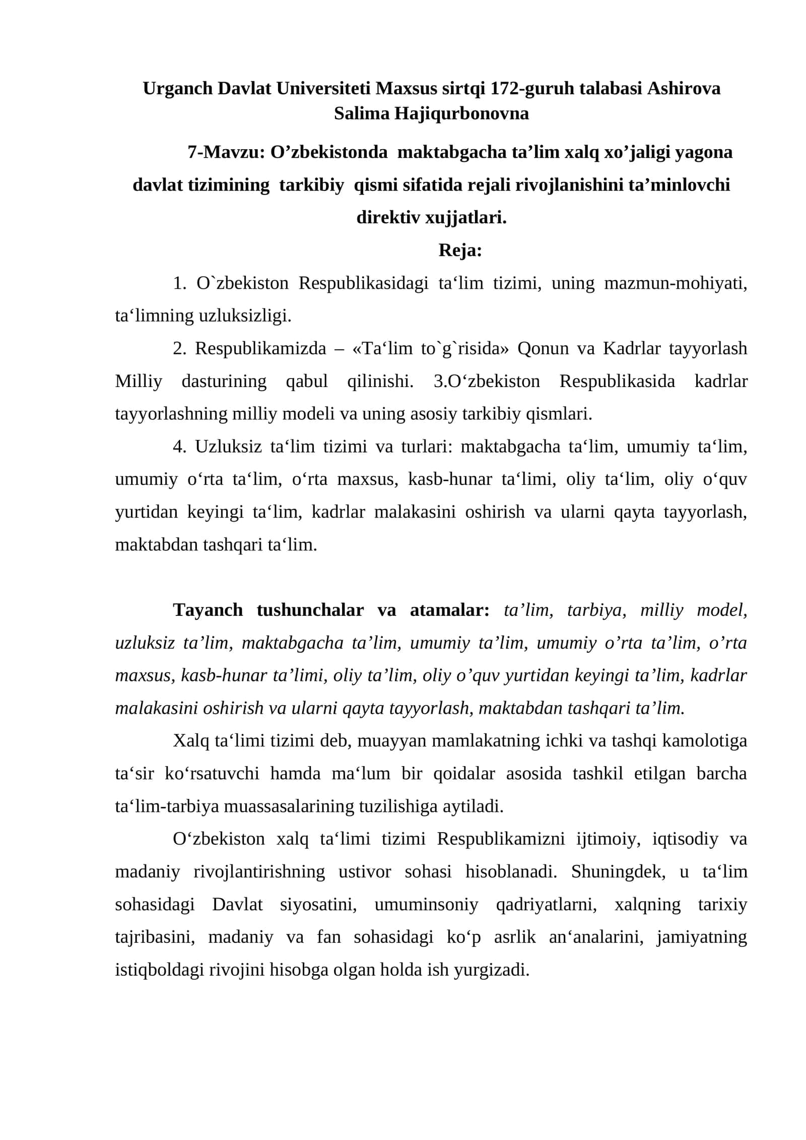 O‘zbekistonda maktabgacha ta’lim xalq xo’jaligi yagona davlat tizimining tarkibiy qismi sifatida rejali rivojlanishini ta’minlovchi direktiv xujjatlari