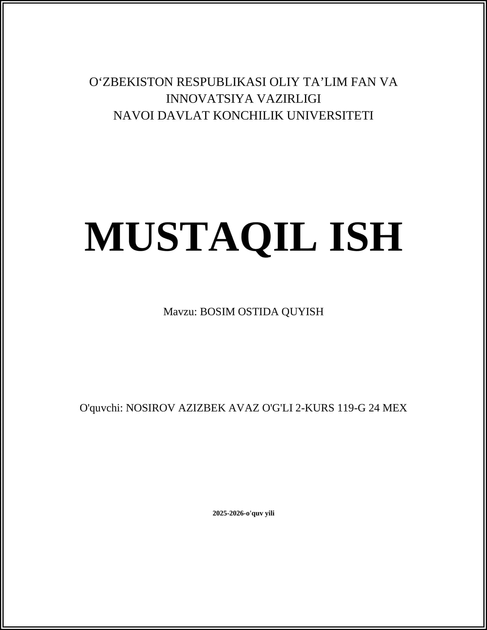 BOSIM OSTIDA QUYISH