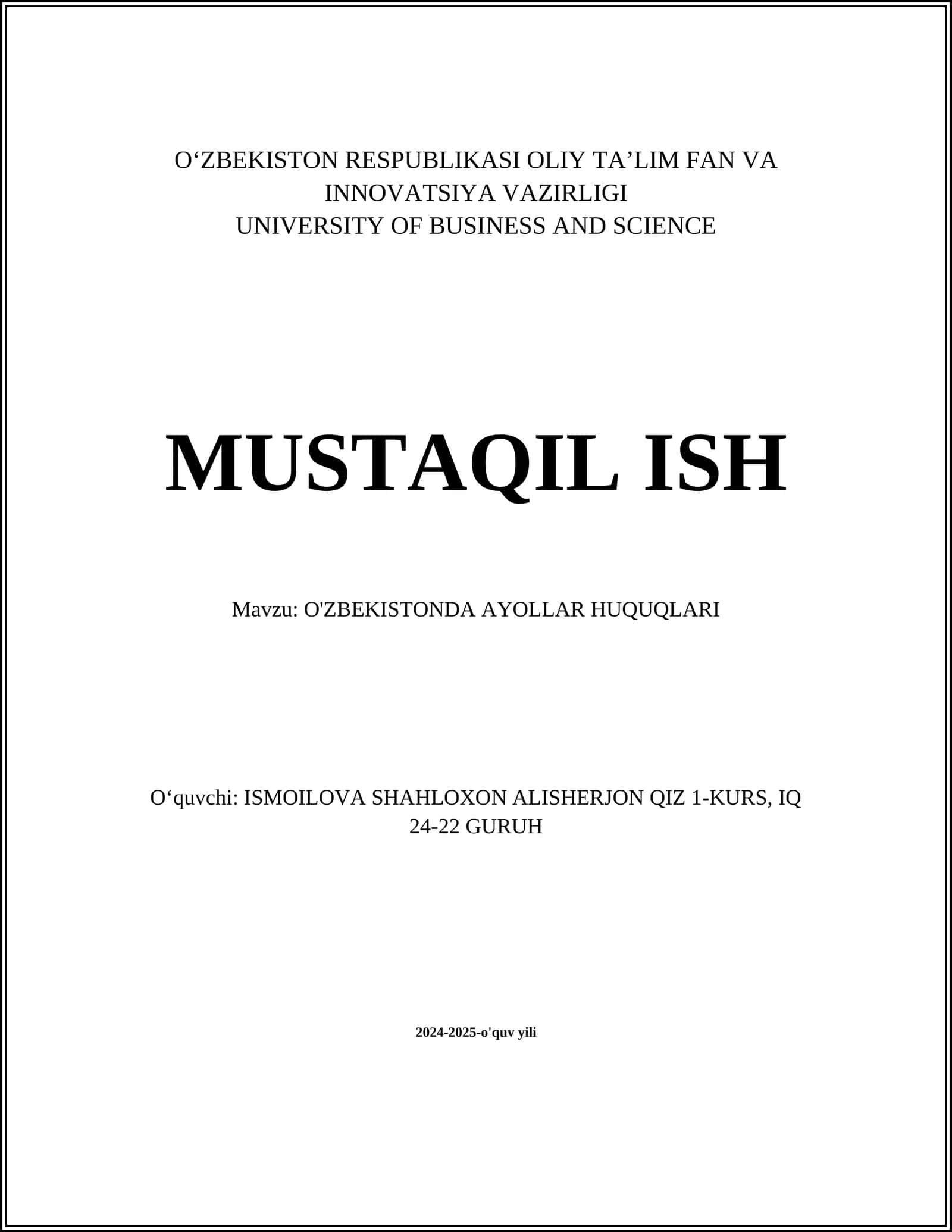 O'ZBEKISTONDA AYOLLAR HUQUQLARI