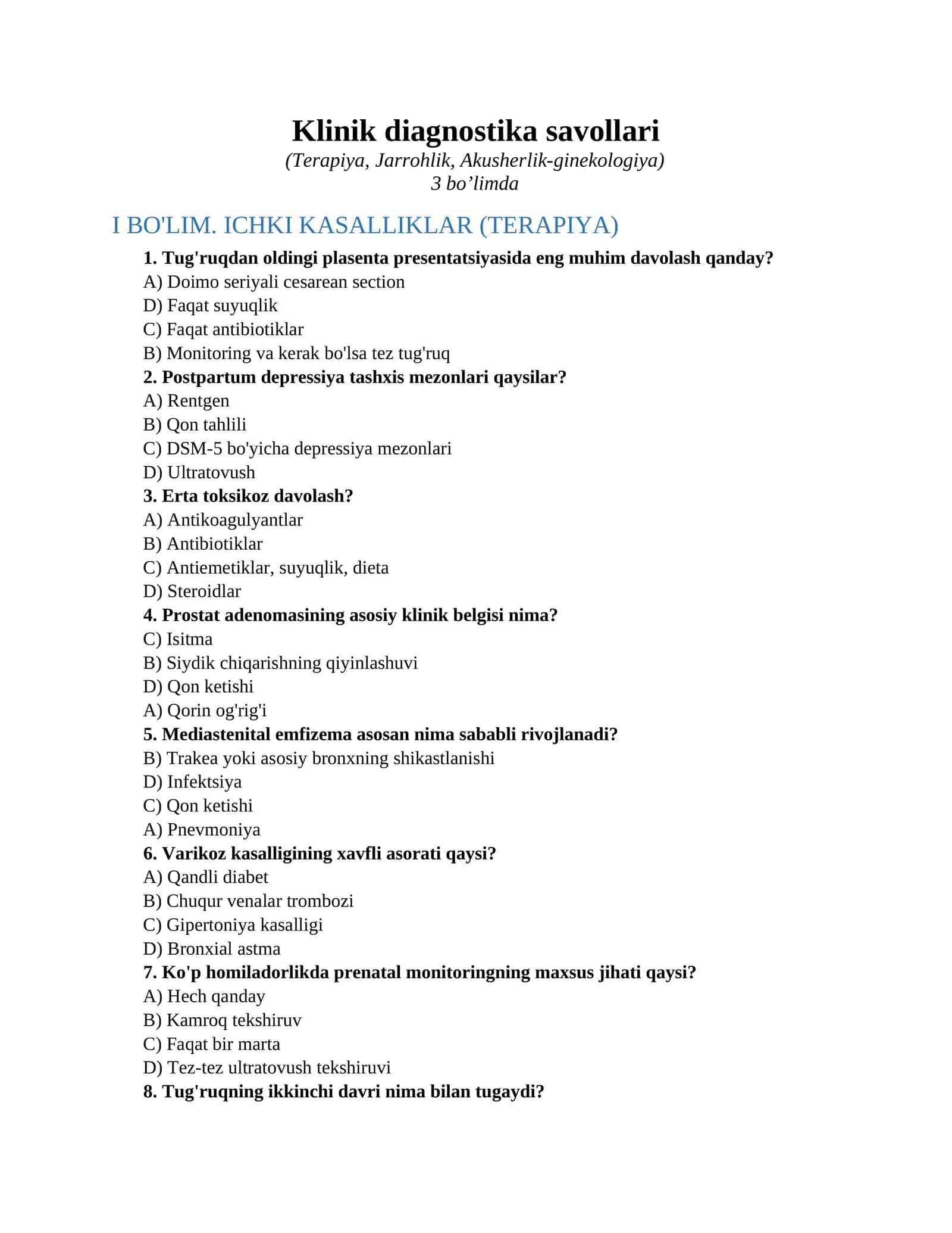 Klinik diagnostika savollari
