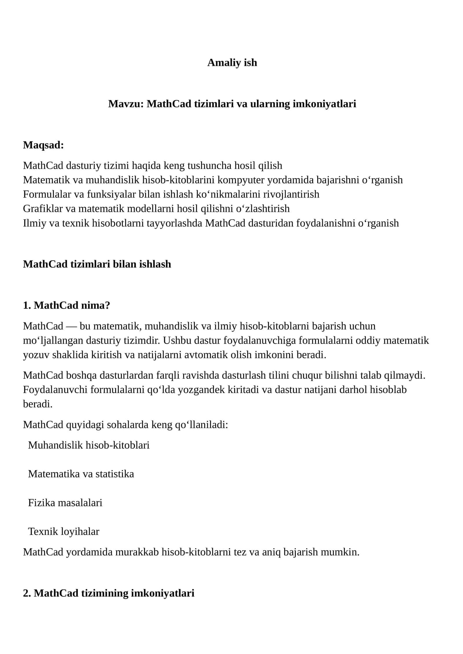 MathCad tizimlari va ularning imkoniyatlari