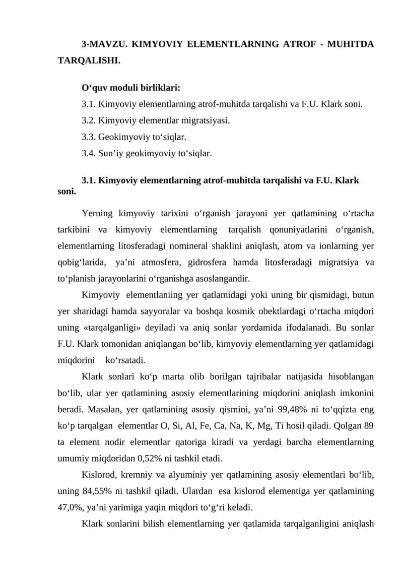 Kimyoviy elementlarning atrof-muhitda tarqalishi