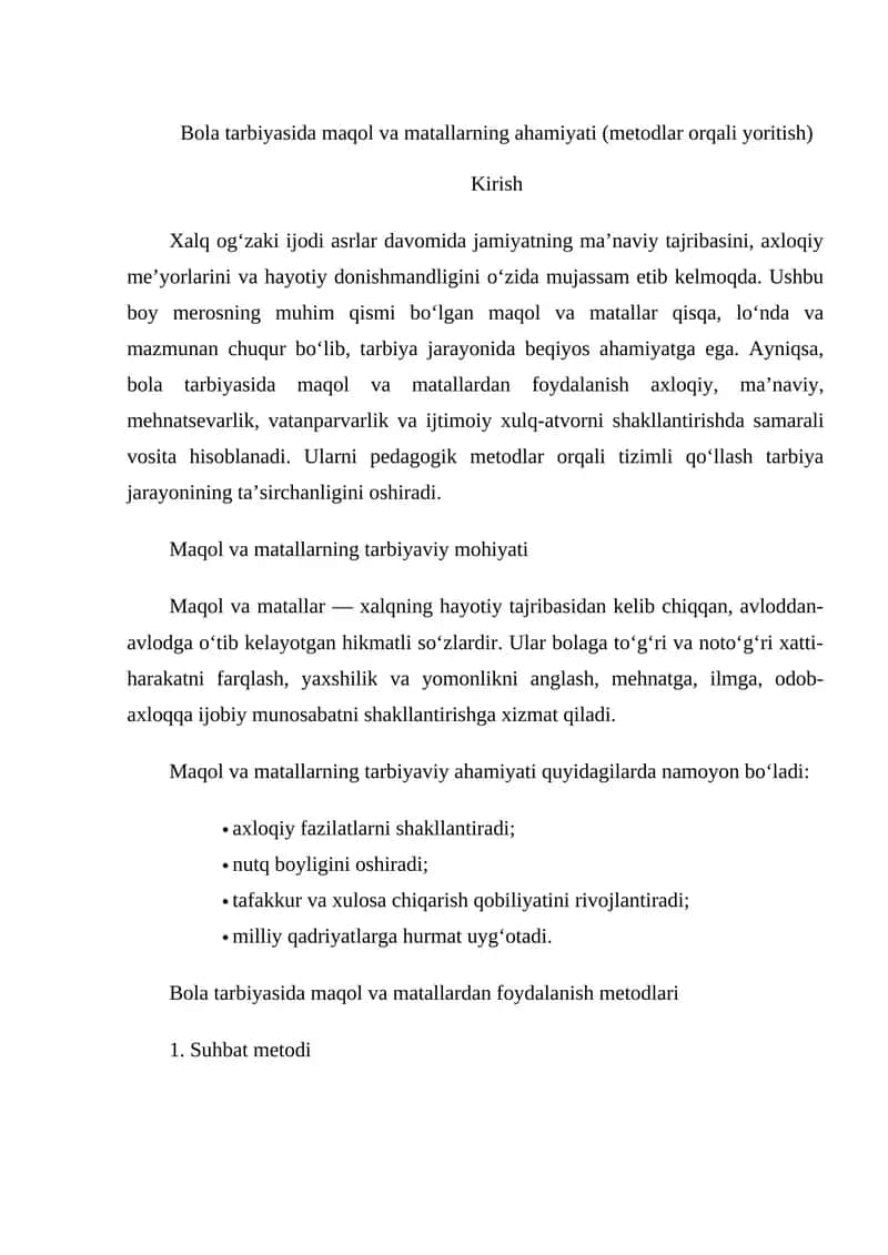 Maqol va matallarning tarbiyaviy mohiyati