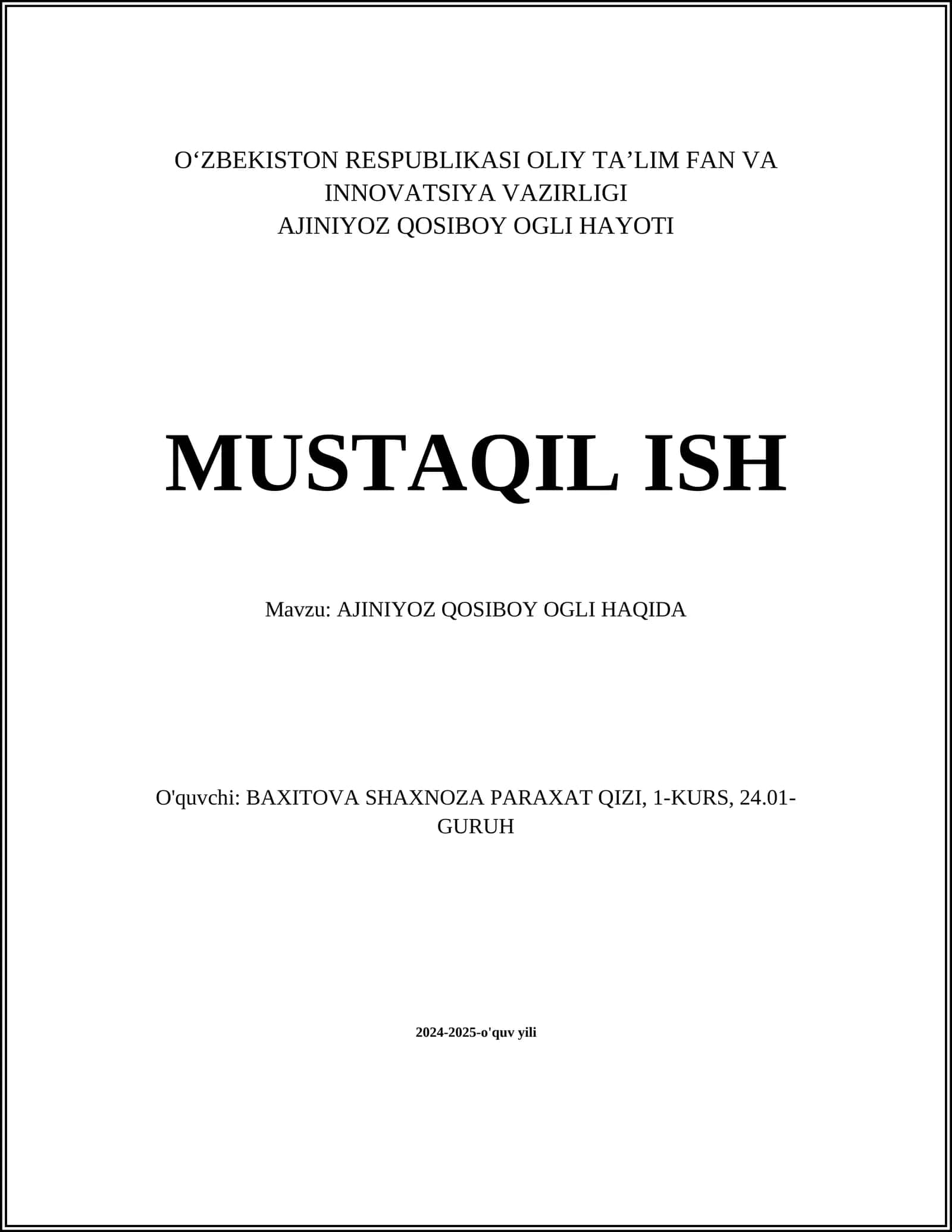 AJINIYOZ QOSIBOY OGLI HAYOTI