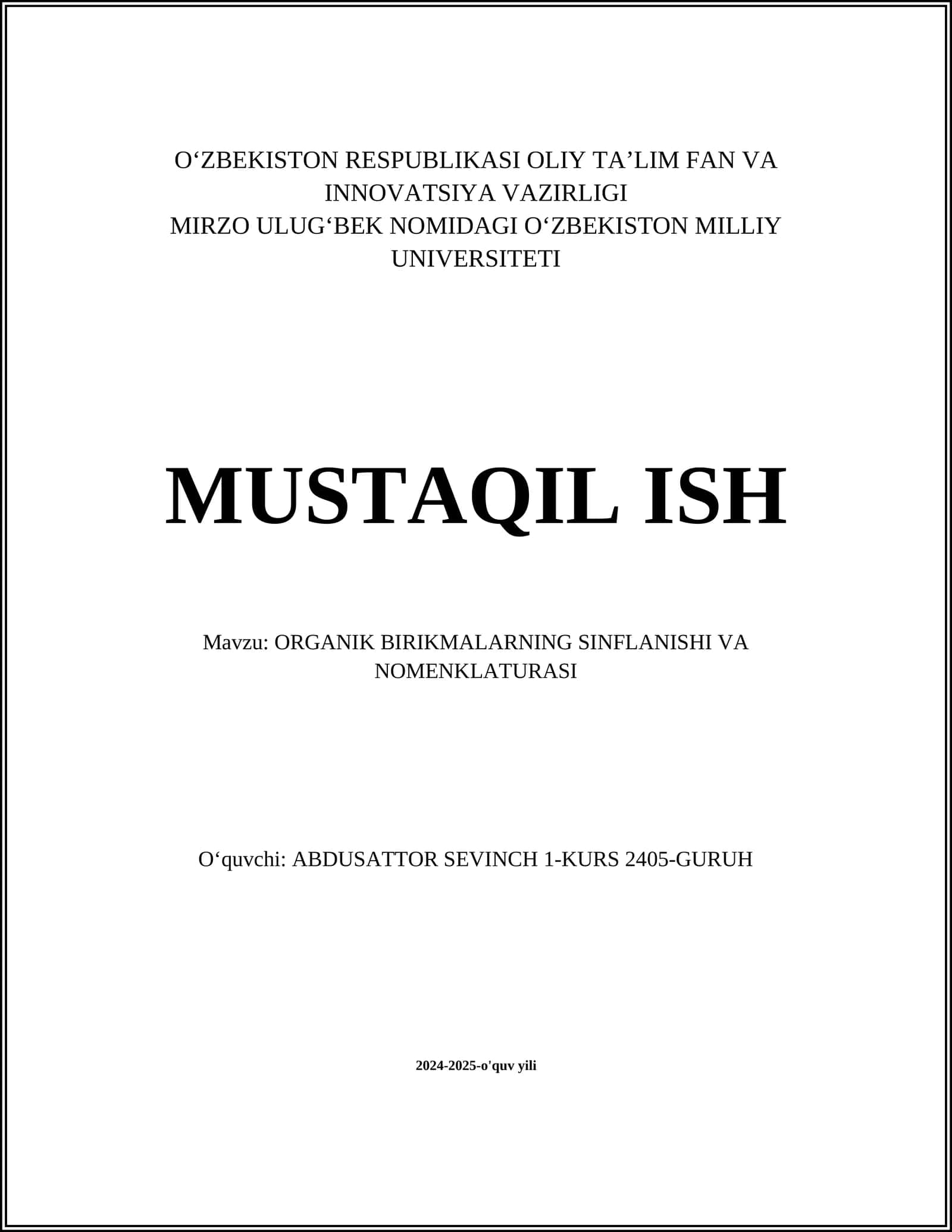 ORGANIK BIRIKMALARNING SINFLANISHI VA NOMENKLATURASI