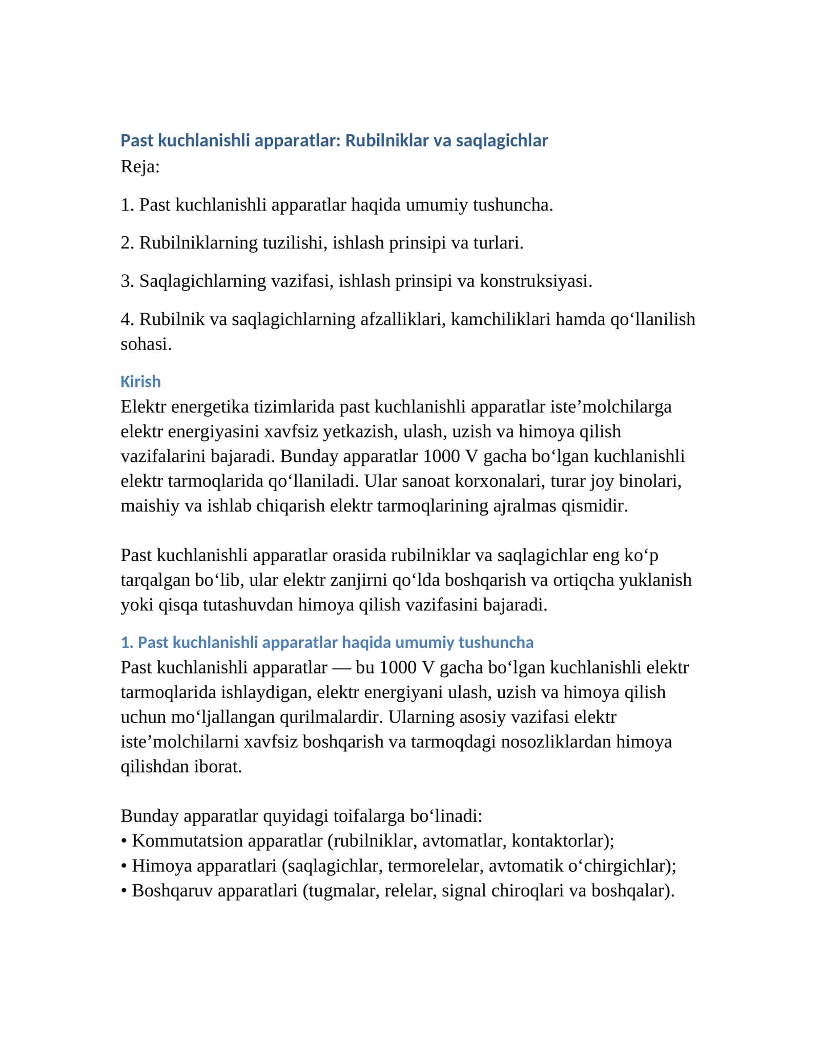Past kuchlanishli apparatlar: Rubilniklar va saqlagichlar