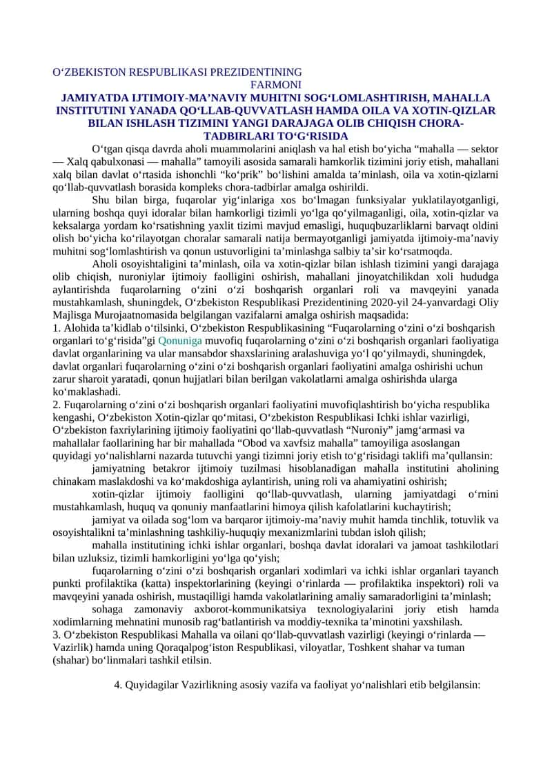 JAMIYATDA IJTIMOIY-MA’NAVIY MUHITNI SOG‘LOMLASHTIRISH, MAHALLA INSTITUTINI YANADA QO‘LLAB-QUVVATLASH HAMDA OILA VA XOTIN-QIZLAR BILAN ISHLASH TIZIMINI YANGI DARAJAGA OLIB CHIQISH CHORA-TADBIRLARI TO‘G‘RISIDA
