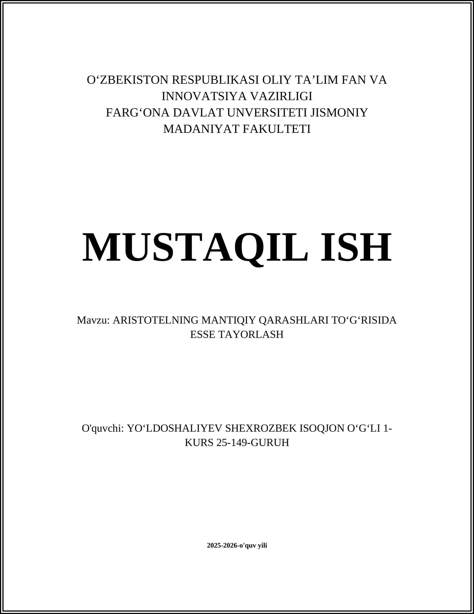 ARISTOTELNING MANTIQIY QARASHLARI TOʻGʻRISIDA ESSE TAYORLASH