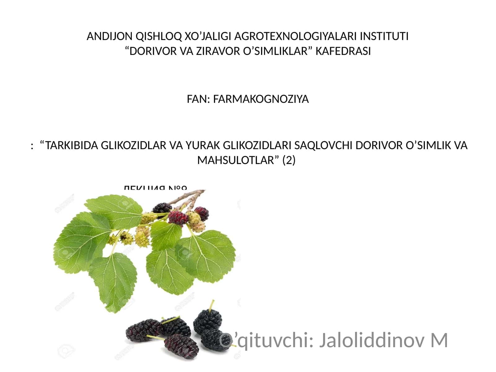 FAN: FARMAKOGNOZIYA: “TARKIBIDA GLIKOZIDLAR VA YURAK GLIKOZIDLARI SAQLOVCHI DORIVOR O’SIMLIK VA MAHSULOTLAR”