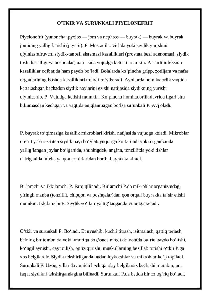 O'TKIR VA SURUNKALI PIYELONEFRIT