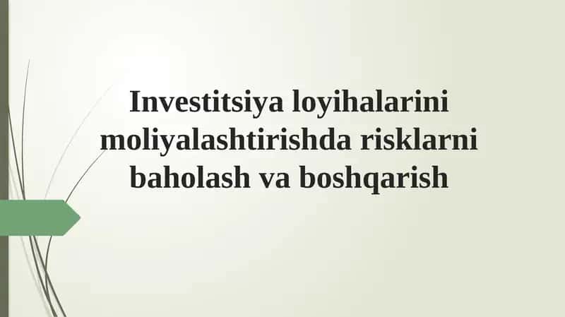 Investitsiya loyihalarini moliyalashtirishda risklarni baholash va boshqarish