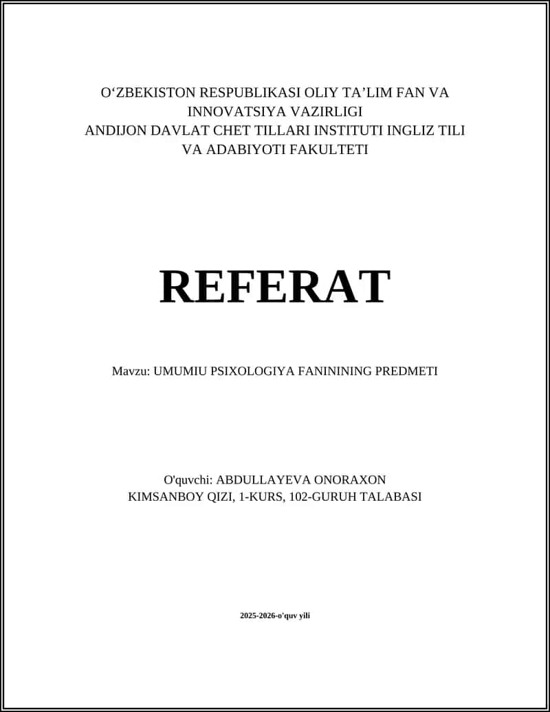 UMUMIU PSIXOLOGIYA FANININING PREDMETI