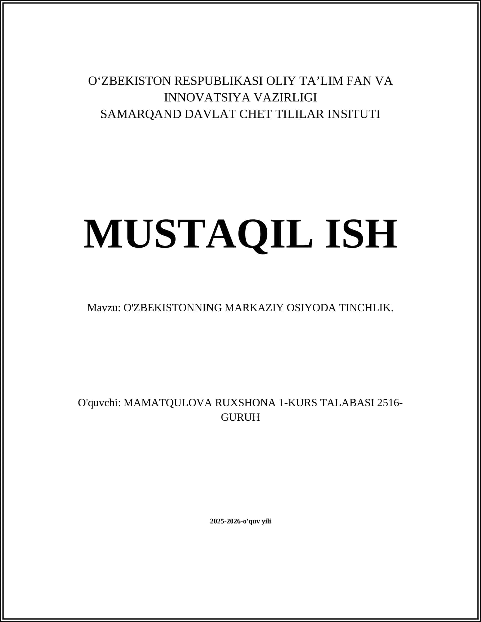 O‘zbekistonning Markaziy OSIYODA TINCHLIK