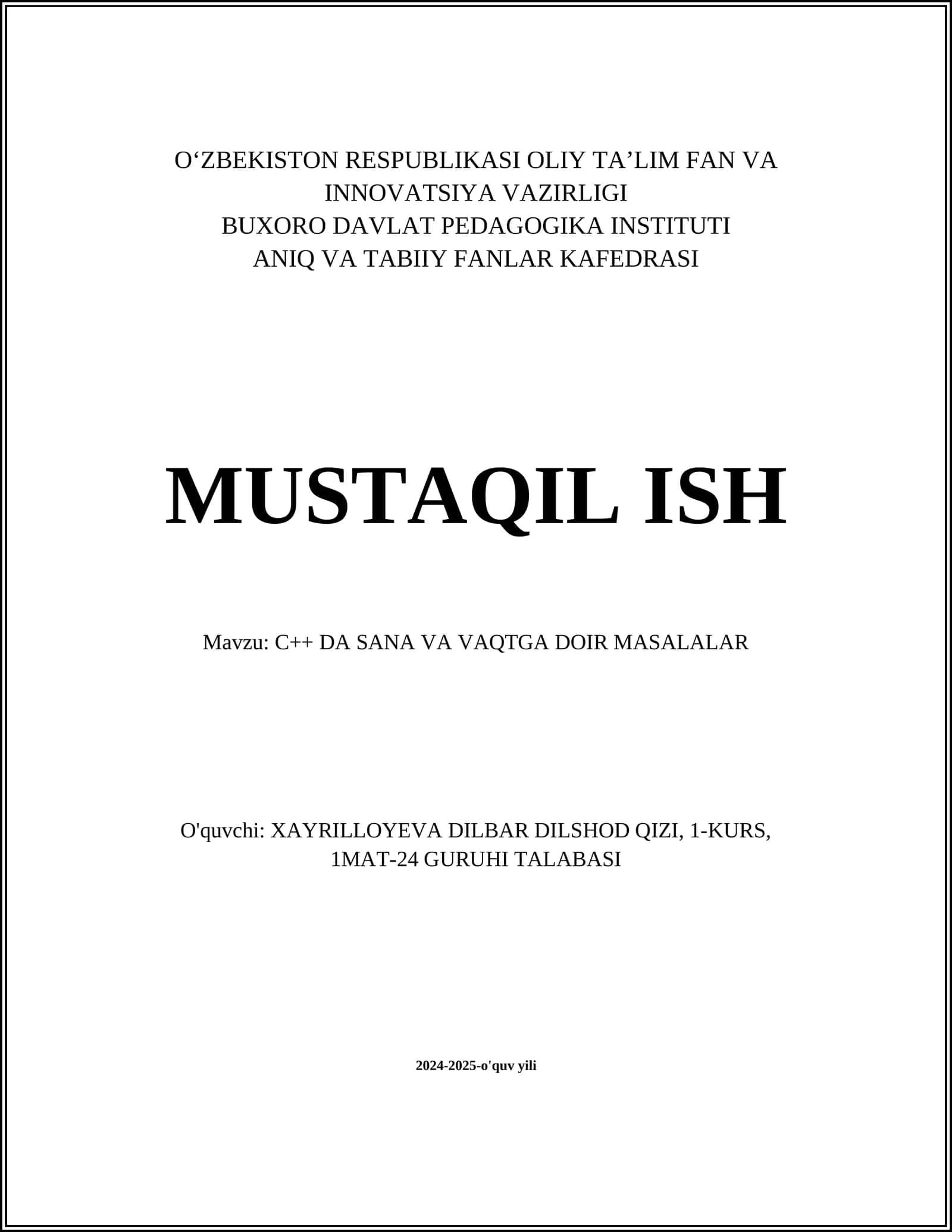 C++ DA SANA VA VAQTGA DOIR MASALALAR