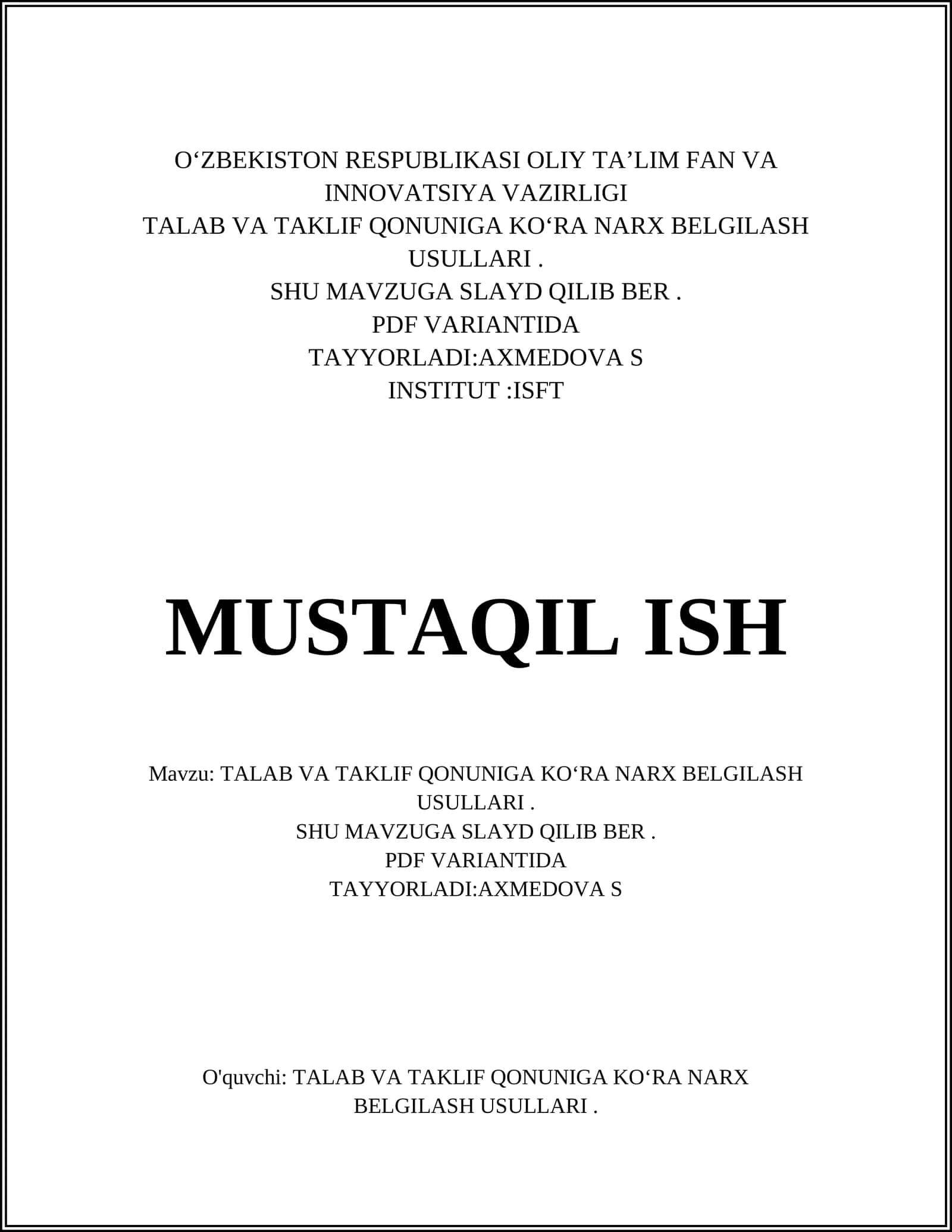 TALAB VA TAKLIF QONUNIGA KOʻRA NARX BELGILASH USULLARI