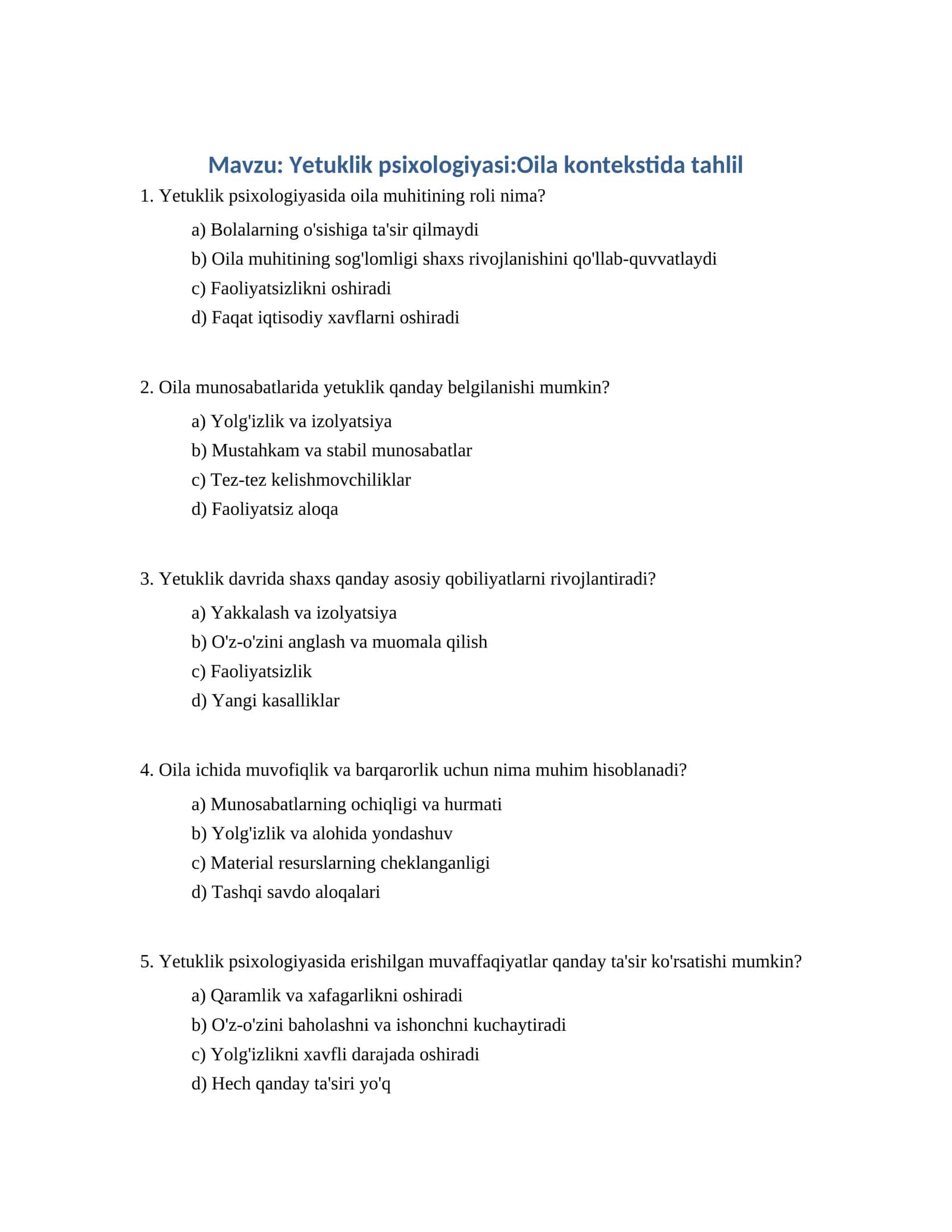 Yetuklik psixologiyasi:Oila kontekstida tahlil