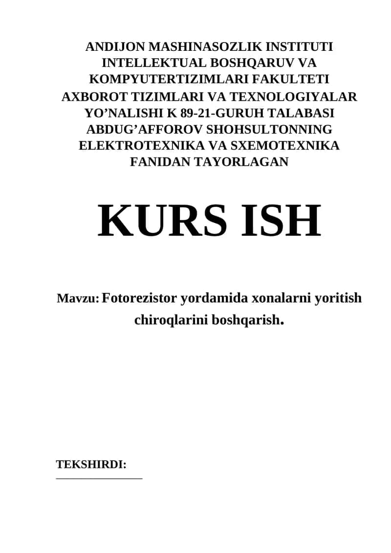 Fotorezistor yordamida xonalarni yoritish chiroqlarini boshqarish