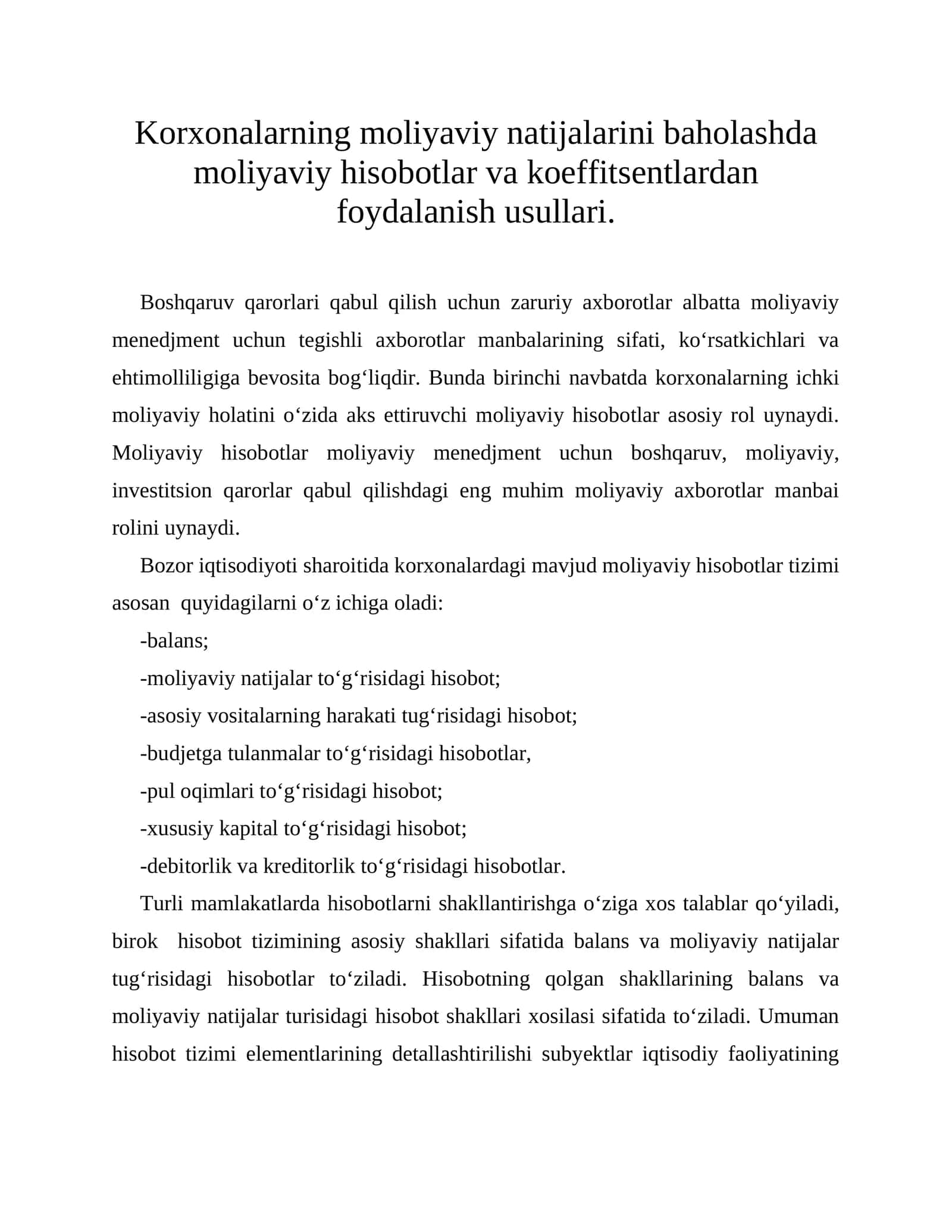 Korxonalarning moliyaviy natijalarini baholash